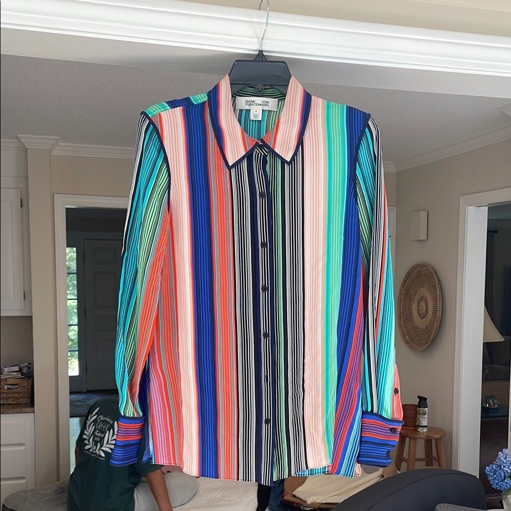 Diane Von Furstenberg Blue and Green Blouse with Striking Stripes